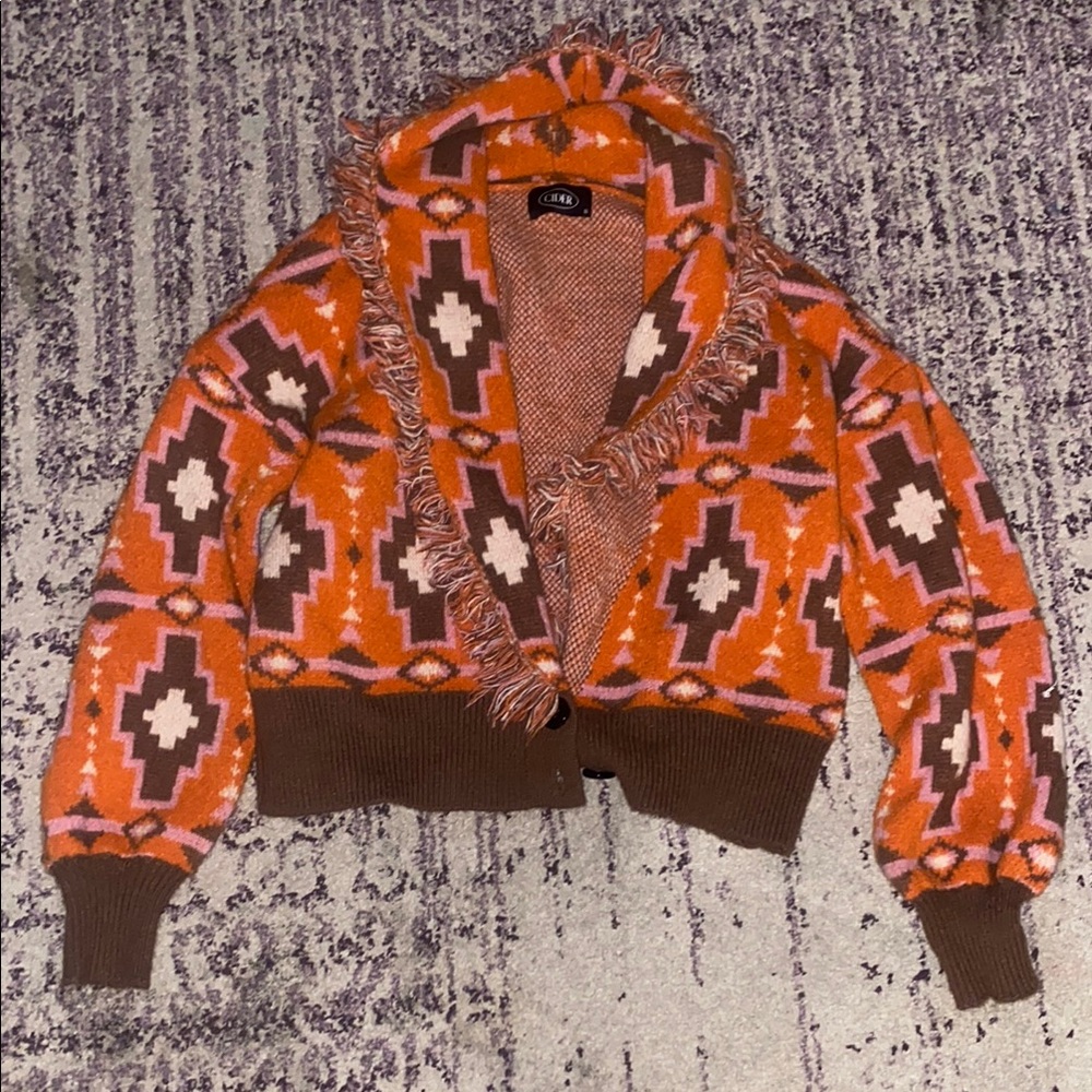 Cider Vibrant Orange and Brown Geometric Cardigan